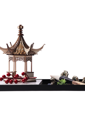 新中式木质c凉亭托盘组合套装摆件样板间售楼处展厅茶几桌面饰品