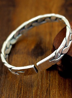 银镯子999纯银饰品情侣款麻花手镯男女开口复古 银手环