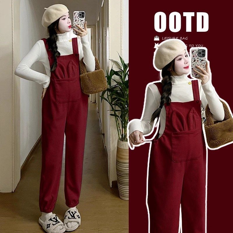 孕妇装银狐绒背带裤套装2024秋冬新款加绒加厚休闲宽松长裤两件套,淘宝优惠券,粉丝福利购,淘宝优惠卷