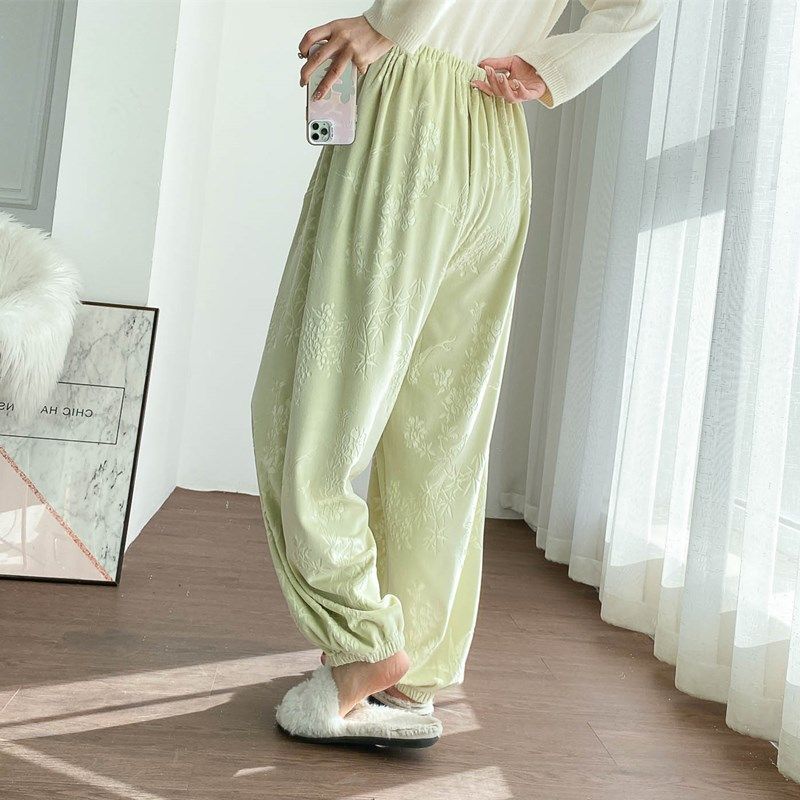 提花海岛绒高腰托腹睡裤女冬季加厚大码胖MM宽松孕妇保暖家居长裤,淘宝优惠券,粉丝福利购,淘宝优惠卷