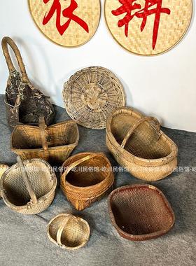 民俗老物件竹筐柳编筐手提蓝子篮筐竹筛旧货农家院饭店装饰摆件