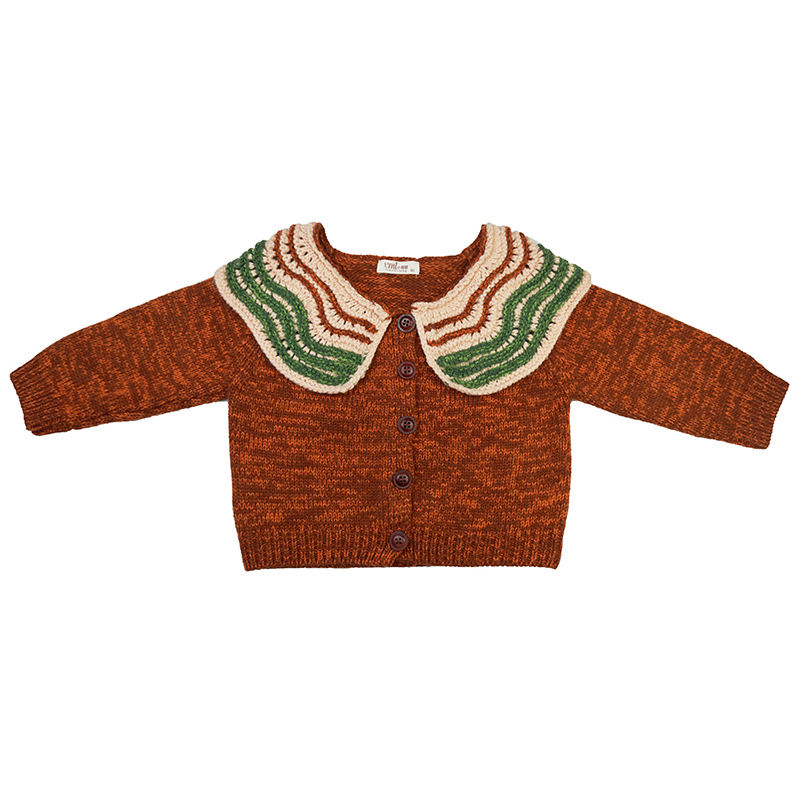 小蜜糖 2021新品女童羊毛混纱红棕色拼接绿白大领子毛衣童装外套 - 图3