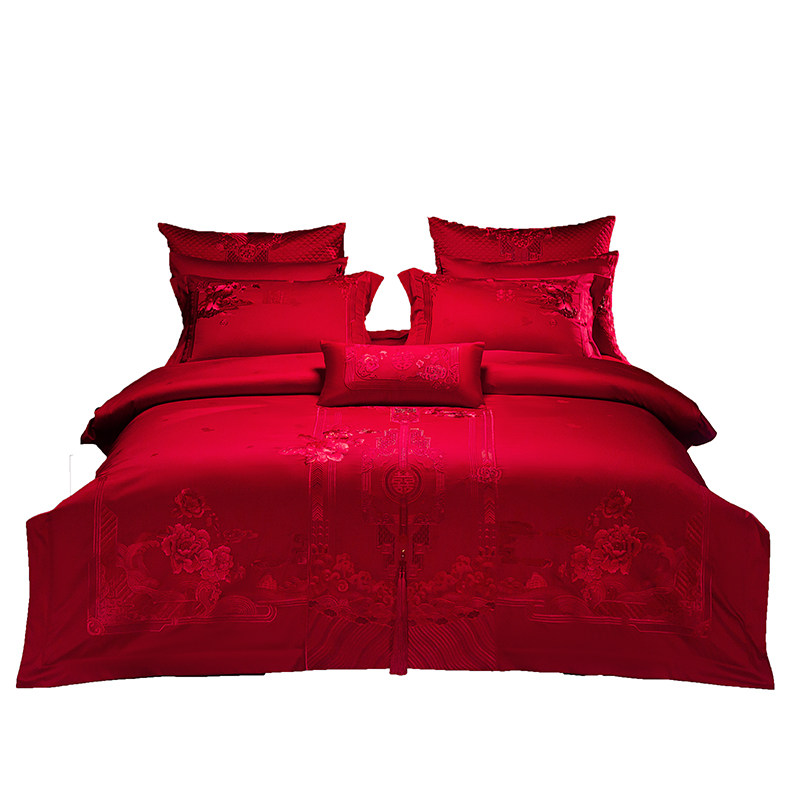 绣花植物花卉全棉结婚四件套大红色被套婚庆S陪嫁奢华床上用品,淘宝优惠券,粉丝福利购,淘宝优惠卷