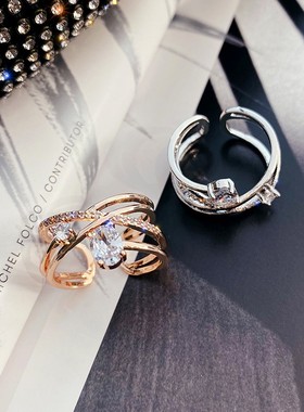 潮人个性多层开口水钻戒指女气质关节指环食指戒学生网红尾戒日韩