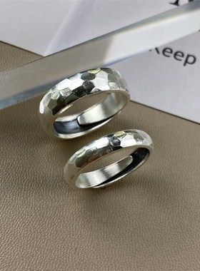 999纯银指纹锤纹福戒指男女潮款情侣一对戒素圈复古民族小众设计