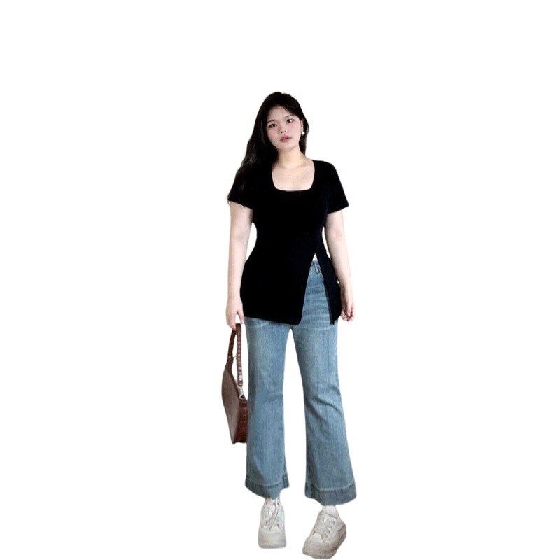 大码胖mm设计感开叉方领短袖t恤女夏季新款收腰显瘦韩系小上衣潮,淘宝优惠券,粉丝福利购,淘宝优惠卷