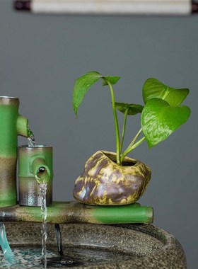竹子流水摆件陶瓷仿竹鱼缸循环水喷泉加湿器室内造景净水搭配装饰
