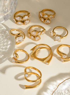 杰鼎18k金不锈钢锆石开口戒指高级感ins指环钛钢手饰品跨境rings