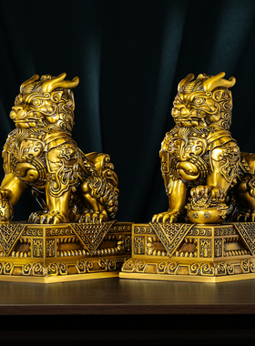 全铜麒麟摆件一对公母镇宅黄铜工艺礼品招财八卦办公室装饰品开业