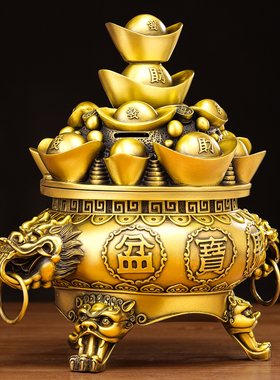 黄铜聚宝盆摆件纯铜元宝盖办公室开业大吉招财铜制工艺品客厅大号