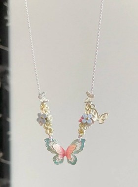 粉蓝小蝴蝶编绳手链女2025年新款甜美轻奢项链小清新设计感手饰