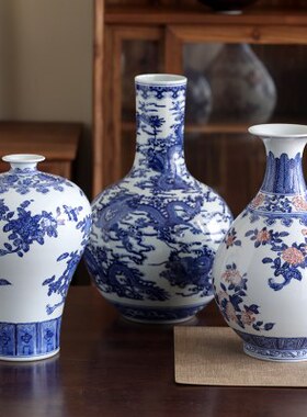 青花瓷仿古手绘花瓶景德镇陶瓷客厅电视柜中式装饰品插花大号摆件