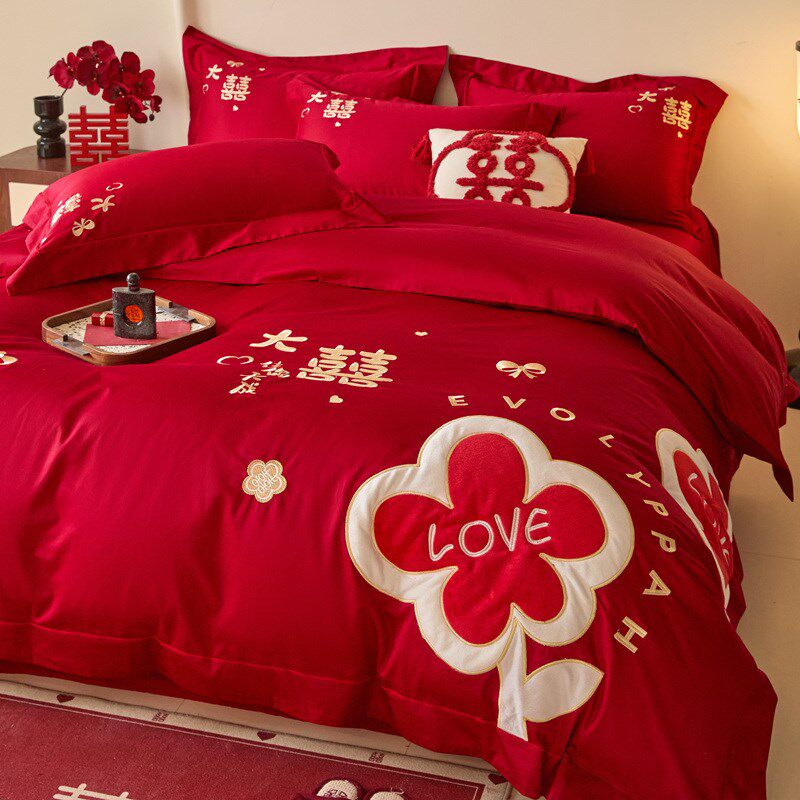 中式结婚四件套喜庆大t红色刺绣被套床单陪嫁婚庆床上用品,淘宝优惠券,粉丝福利购,淘宝优惠卷