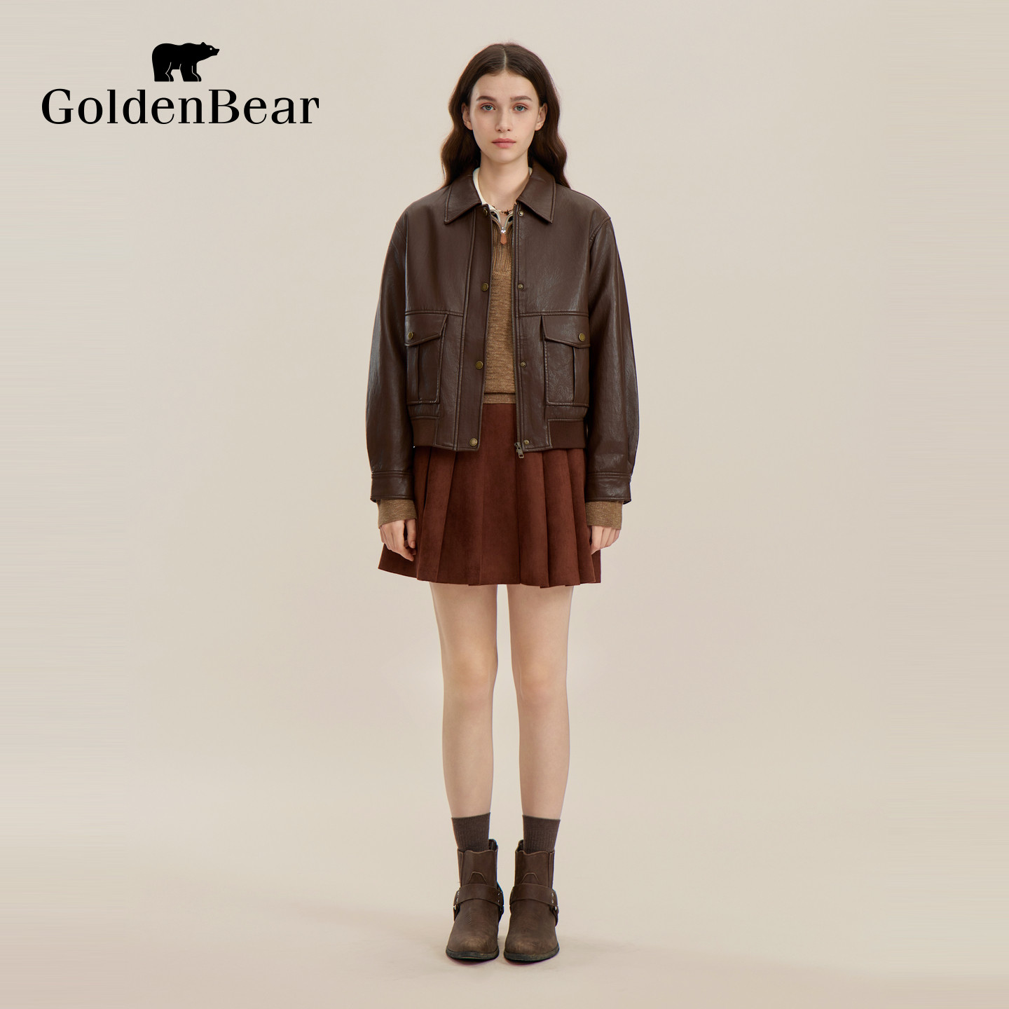 【冬季新品】GOLDEN BEAR/金熊 新款女士复古巴恩风皮衣夹克外套,淘宝优惠券,粉丝福利购,淘宝优惠卷