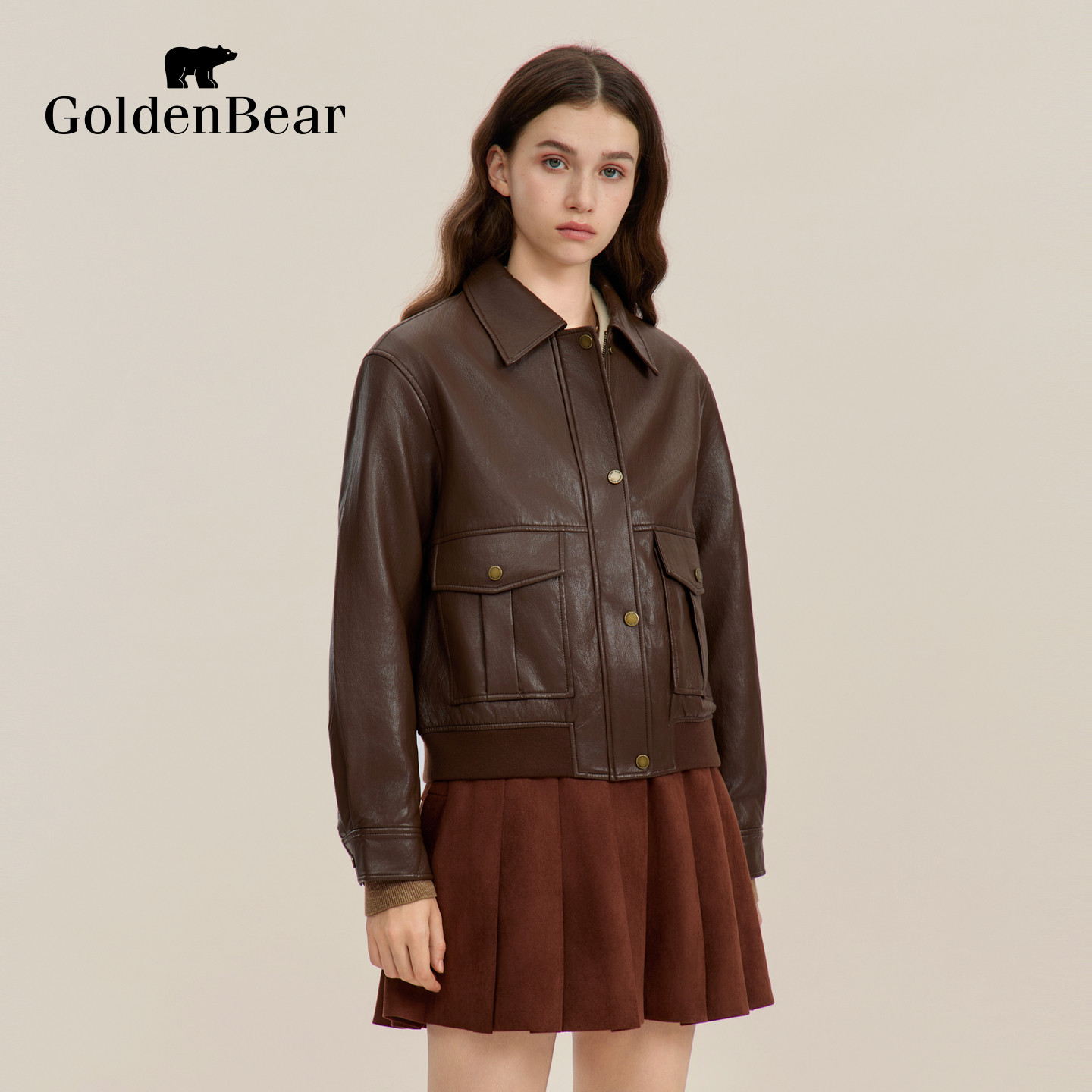 【冬季新品】GOLDEN BEAR/金熊 新款女士复古巴恩风皮衣夹克外套,淘宝优惠券,粉丝福利购,淘宝优惠卷