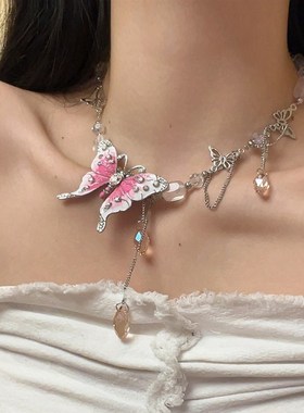 潮辣深蓝色水滴水晶串珠蝴蝶锁骨链女小众复古气质项链高级感颈链