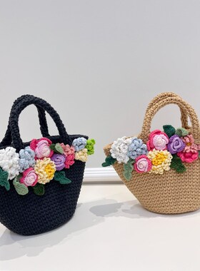 钩针春日花花小清新草编包女夏百搭手提菜篮子R海边度假沙滩水桶