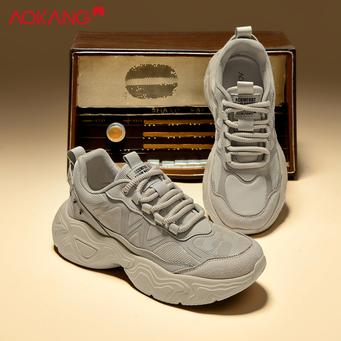 奥康正品老爹鞋男秋季跑步运动工作旅游厚底增高米黄复古休闲潮鞋,淘宝优惠券,粉丝福利购,淘宝优惠卷