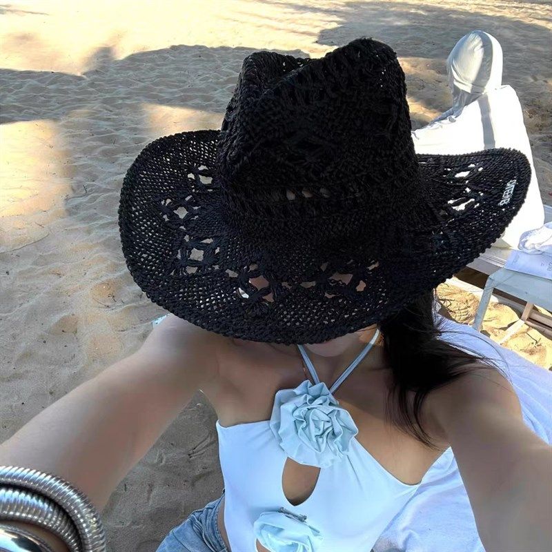 欧美辣妹风黑色镂空编织西部牛仔帽出游度假风百搭休闲爵士礼帽女,淘宝优惠券,粉丝福利购,淘宝优惠卷