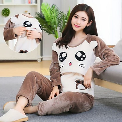 秋冬季月子服加绒加厚孕妇睡衣产后哺乳哺乳衣家居服可调节腰套装 - 图0