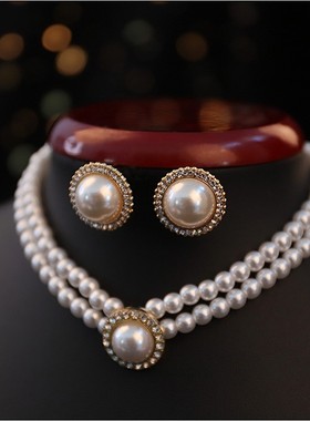 法式优雅复古韩式珍珠项链女锁骨链新娘婚纱礼服配饰颈链耳环套装