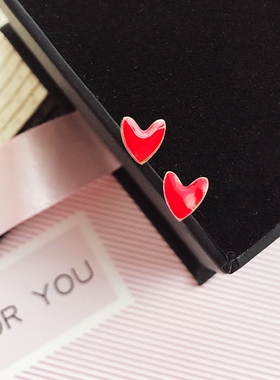 包邮韩国进口红色爱心女耳钉项链