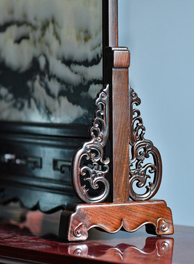 老挝大红酸枝嵌天然大理石插屏交趾黄檀台屏桌面小屏风木雕刻摆件