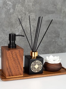 新中式卫生间摆件卫浴组合胡桃木禅意装饰样板房酒店民宿香熏托盘