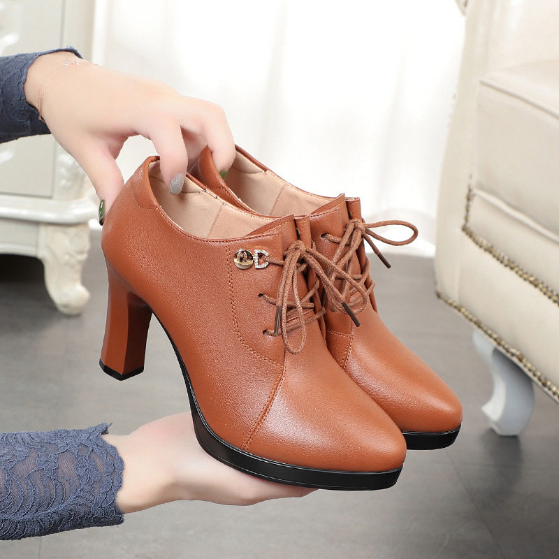系带高跟鞋真皮深口单鞋女春秋2021年新款女鞋粗跟软底妈妈鞋皮鞋,淘宝优惠券,粉丝福利购,淘宝优惠卷