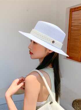 夏季新款珍珠法式礼帽M小清新平顶草帽女出游度假遮阳帽子英伦潮