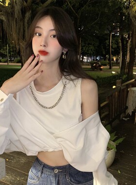 气质小衫两件套早秋辣妹上衣女别致设计感白色高腰短款假两件内搭