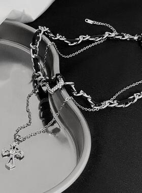 小众设计十字架双层叠戴项链女甜酷风皮质编织项圈个性锁骨链颈链