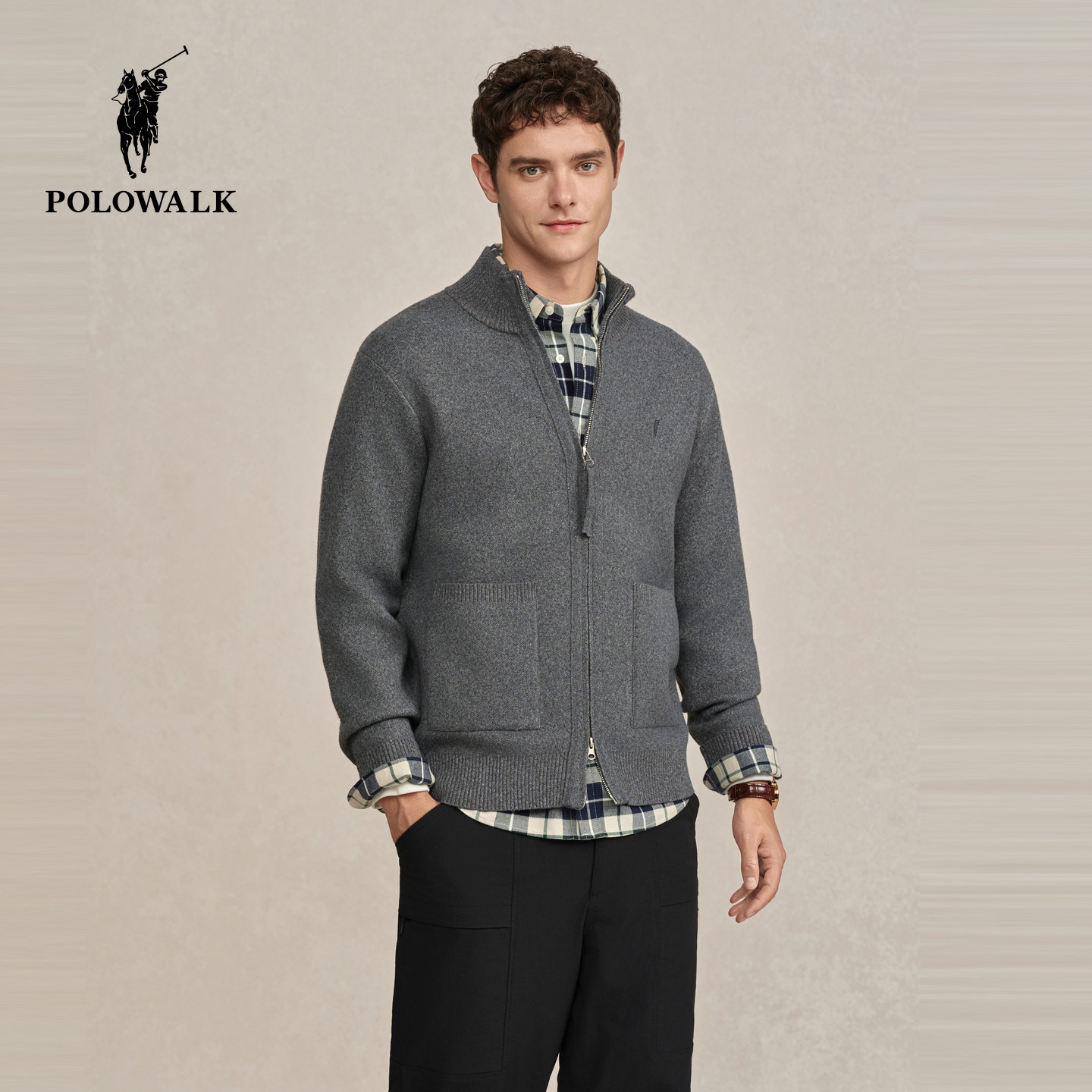 POLOWALK男式针织衫2025秋冬新款加绒外套立领拉链毛衣针织开衫男,淘宝优惠券,粉丝福利购,淘宝优惠卷