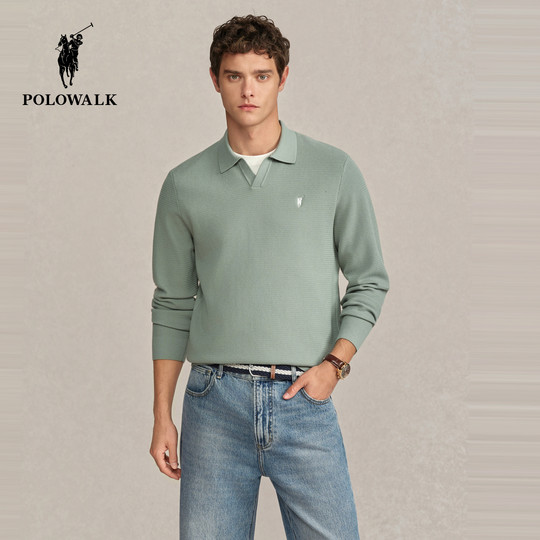 POLOWALK男式针织衫2025秋冬新品简约面丝绒假两件翻领内搭上衣