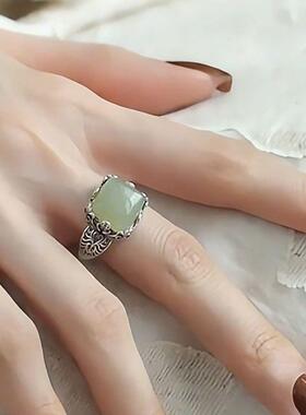 银新中式和田玉铜钱方糖镂空复古戒指民族风气质感食指戒