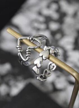 复古做旧新款扎铁丝爱心两件套戒指冷淡风小众个性指环时尚指环女