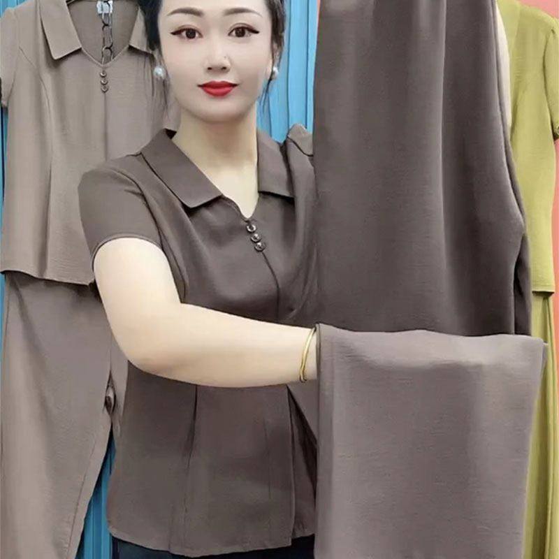时尚洋气妈妈套装2023夏季新款宽松显瘦减龄短袖上衣裤子两件套女,淘宝优惠券,粉丝福利购,淘宝优惠卷