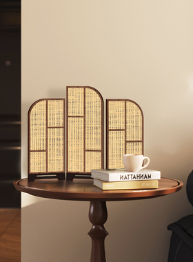 新中式复古屏风桌面摆件木格栅客厅电视柜装饰品创意玄关茶桌摆画