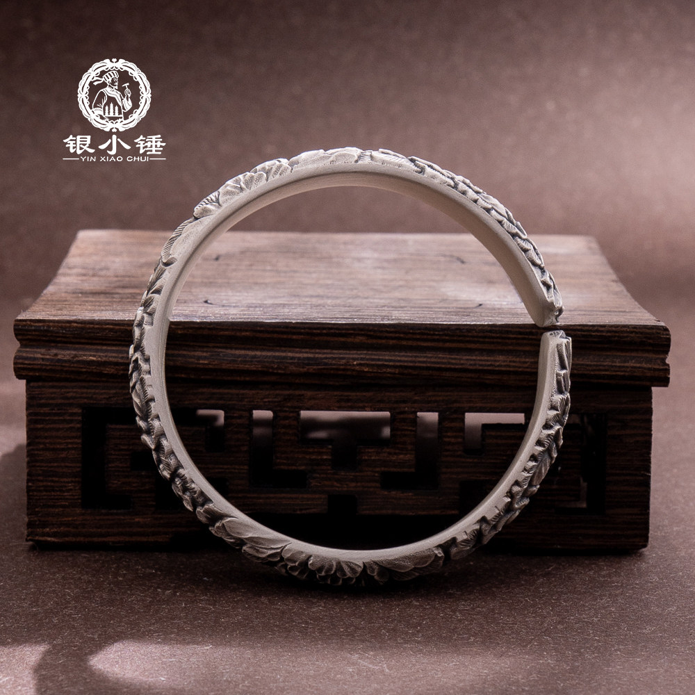 丹凤凝祥 大理银小锤古法手工錾刻立体牡丹花999足银手镯/可定制,淘宝优惠券,粉丝福利购,淘宝优惠卷