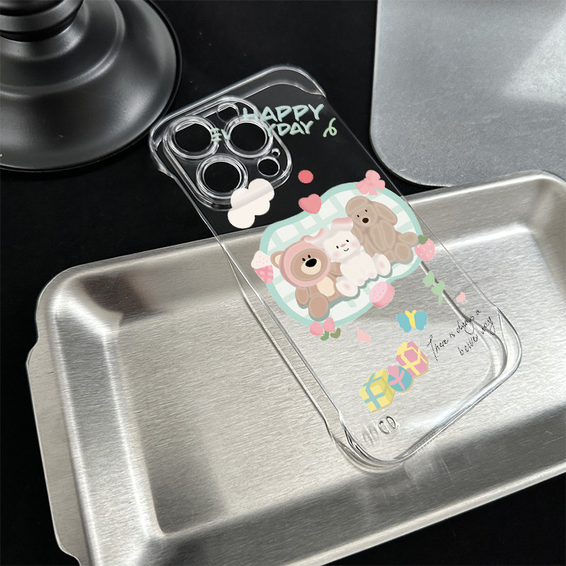 苹果15插画小熊小兔手腕K12S透明超薄14plus无边框iPhone13适用硬16e手机壳带支架12ProMax高级感红米k80可爱 - 图0