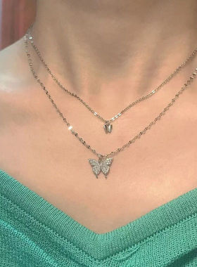 新款闪钻双层蝴蝶吊坠锁骨链 女 小众轻奢百搭项链 时尚设计感新