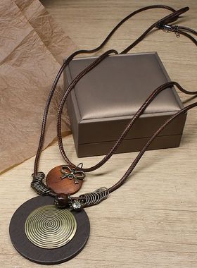 新中式禅意古铜色长款大园项链西米亚民族风双层叠戴长款毛衣配饰