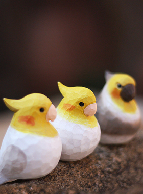 鹿妖商店 肥啾鸟木雕 玄凤鹦鹉 凤头鹦鹉 纯手工 实木摆件 小胖鸟