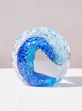 现代简约轻奢琉璃水晶摆件海洋海浪球工艺品桌面家居装饰手工