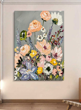 奶油风花卉手绘油画灰色