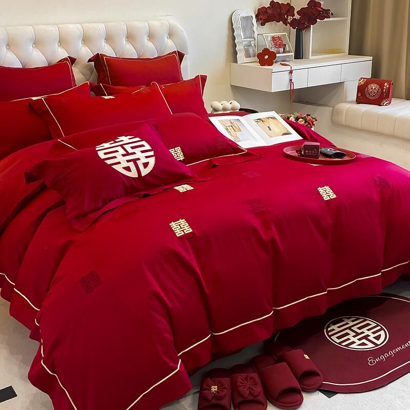 中式结婚四件套全棉2024新款大红K色刺绣被套婚庆床上用品,淘宝优惠券,粉丝福利购,淘宝优惠卷