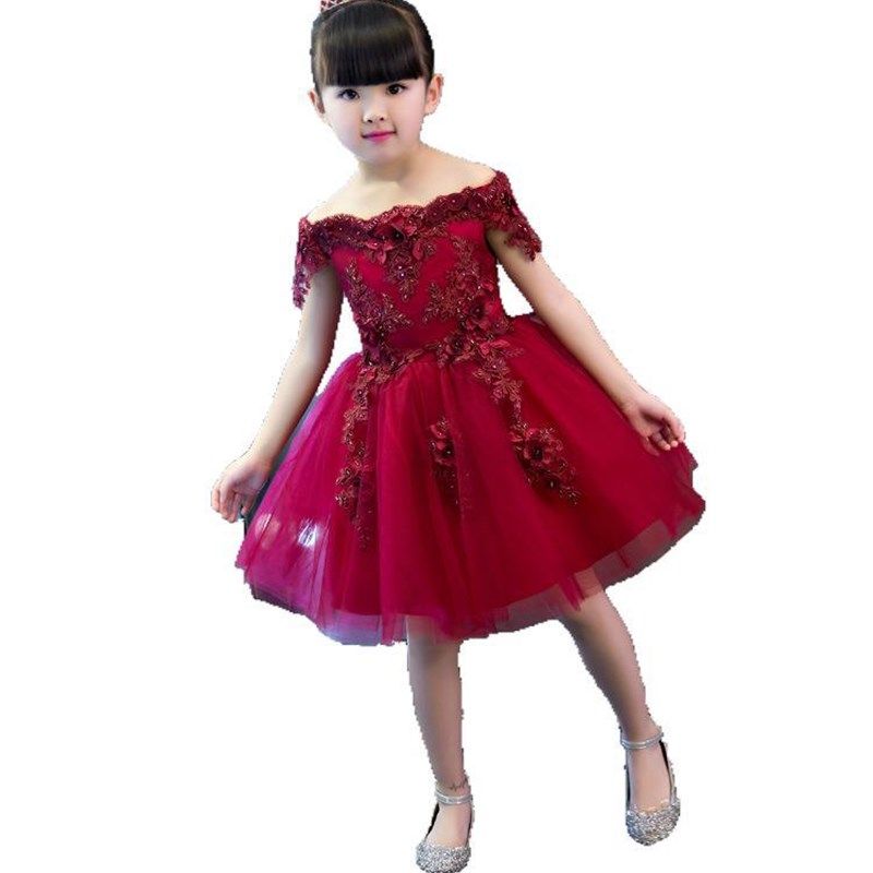 公主裙女童婚纱女孩红色一字肩长裙儿童主持人钢琴演出服花童礼,淘宝优惠券,粉丝福利购,淘宝优惠卷