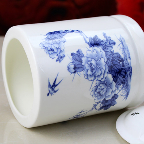 陶瓷笔筒山水画文具圆形毛笔圆珠笔多功能办公笔筒景德镇陶瓷笔筒 - 图2