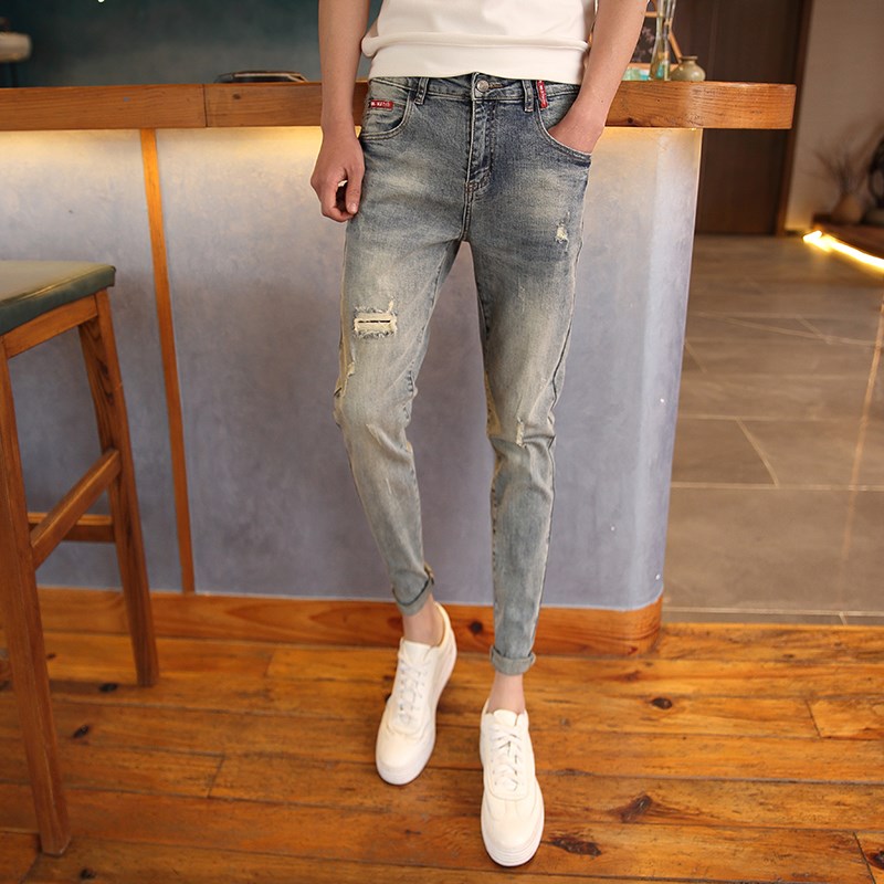 155夏季裤子男百搭九分裤26号27码矮小个子小码牛仔裤小脚磨破裤 - 图2