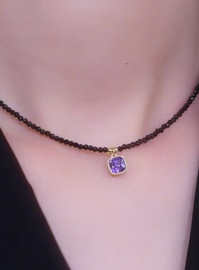 小众设计感紫色方糖黑水晶项链洋气锁骨链2023年网红爆款颈链配饰